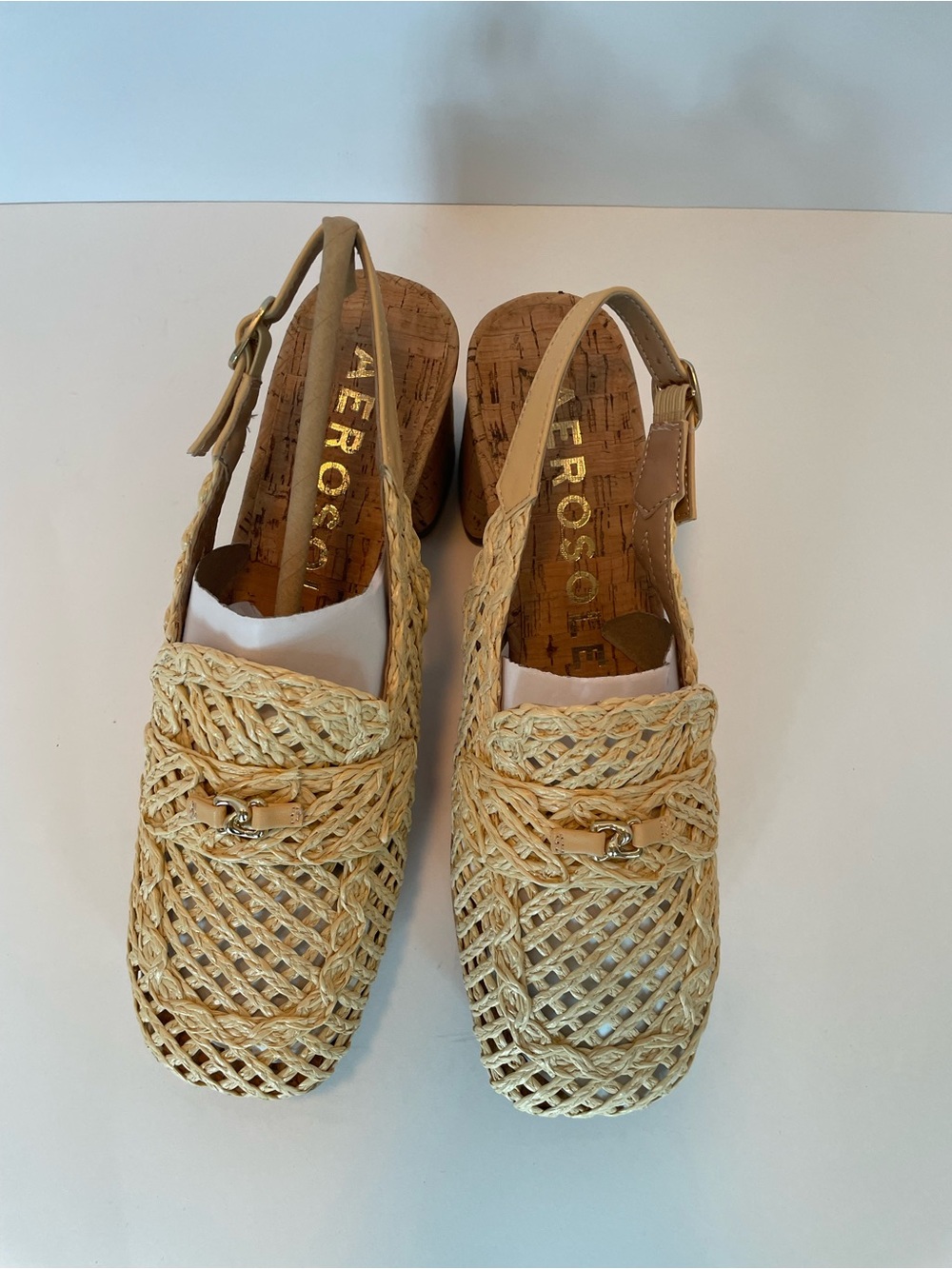 AEROSOLES Beige Woven Slingback Block Heel Mules